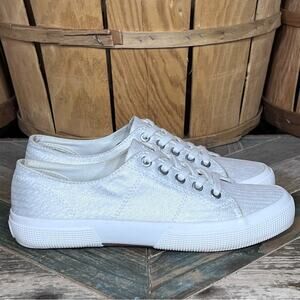 Lauren Ralph Lauren Jolie Metallic Silver Herringbone Canvas Sneakers Womens 7
